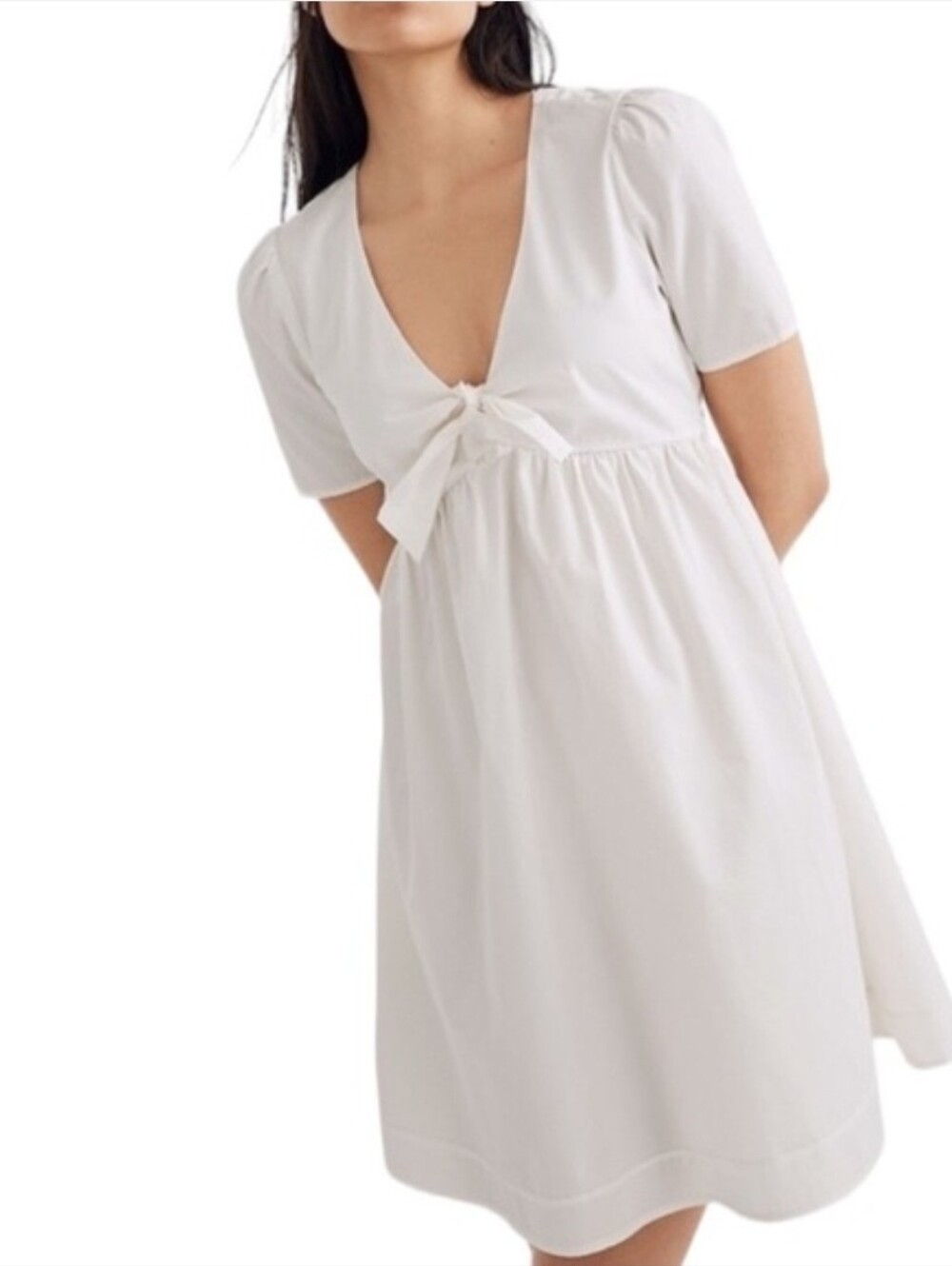 NWT Madewell Dress Womens 4 White Short Sleeve Tie Front Cotton Lined V Neck